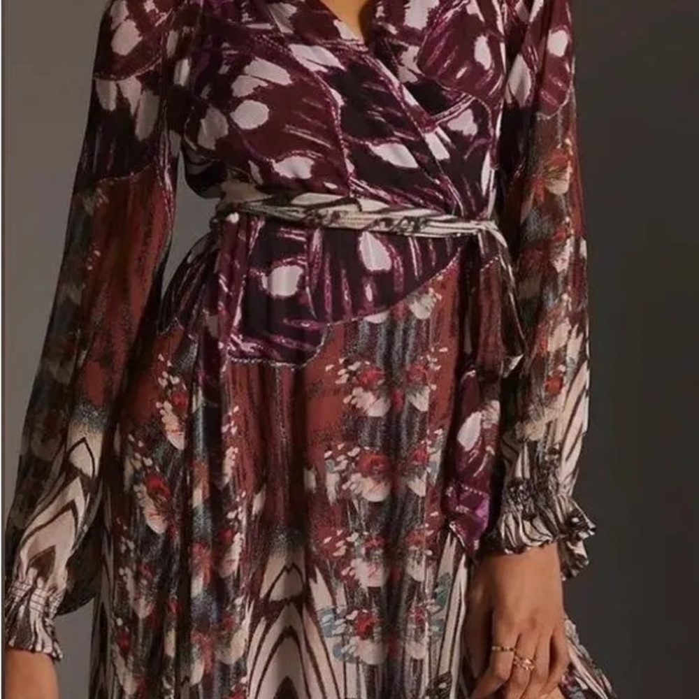 Anthropologie Purple and Cream Long Sleeve Dress